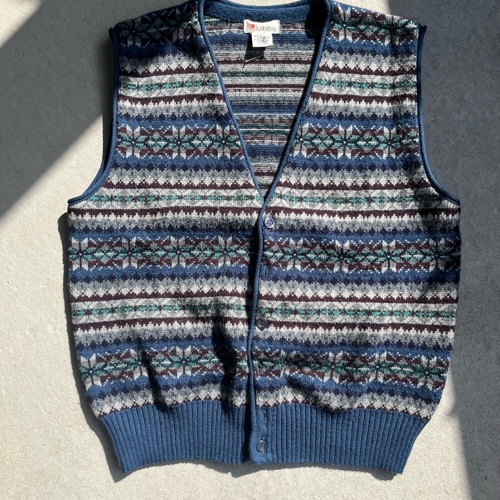 Lumiere Blue and Gray Patterned Cardigan Vest